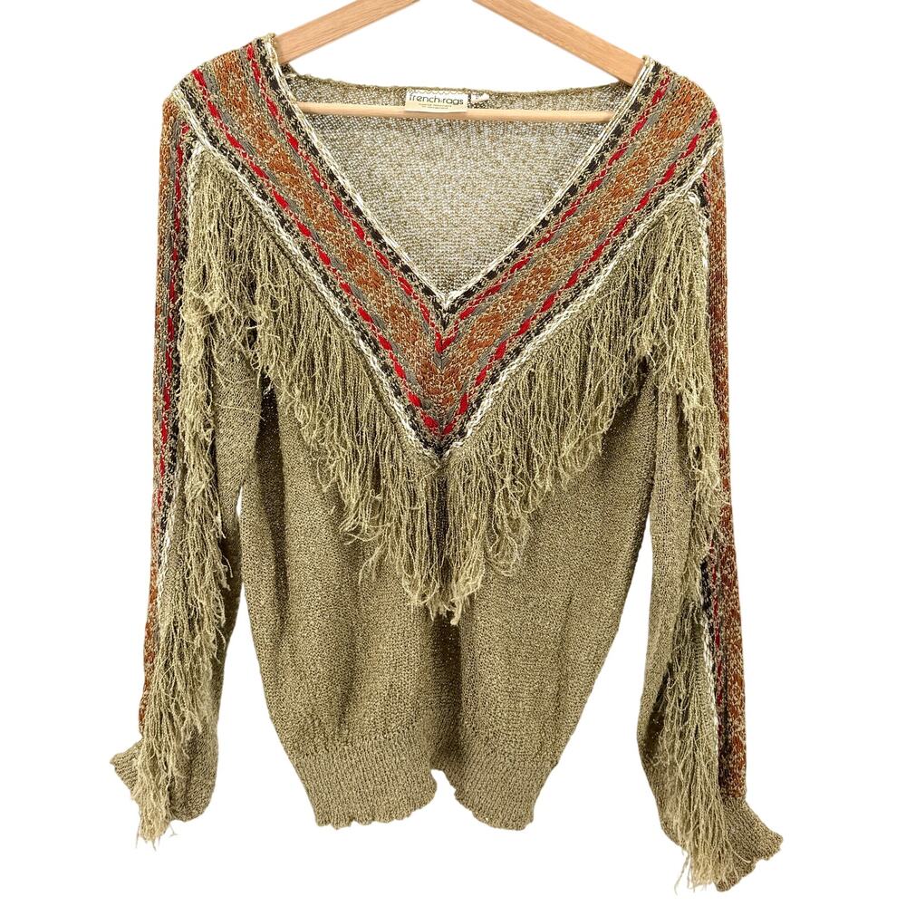Vintage 80s French Rags Olive Fringe Trim Southwestern Sweater
